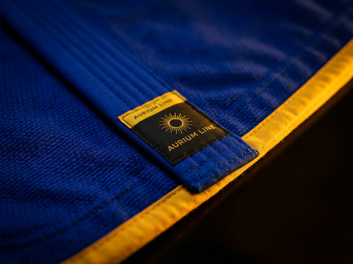 Detalhe do vivo dourado e da etiqueta AURIUM LINE na barra do kimono ARMORED